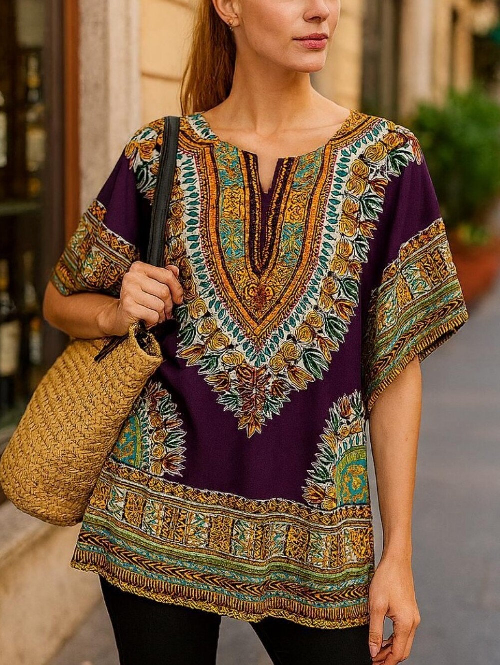 Ashro Dashiki Mini Dress Tunic African Print Purple Yellow Lightweight Size M